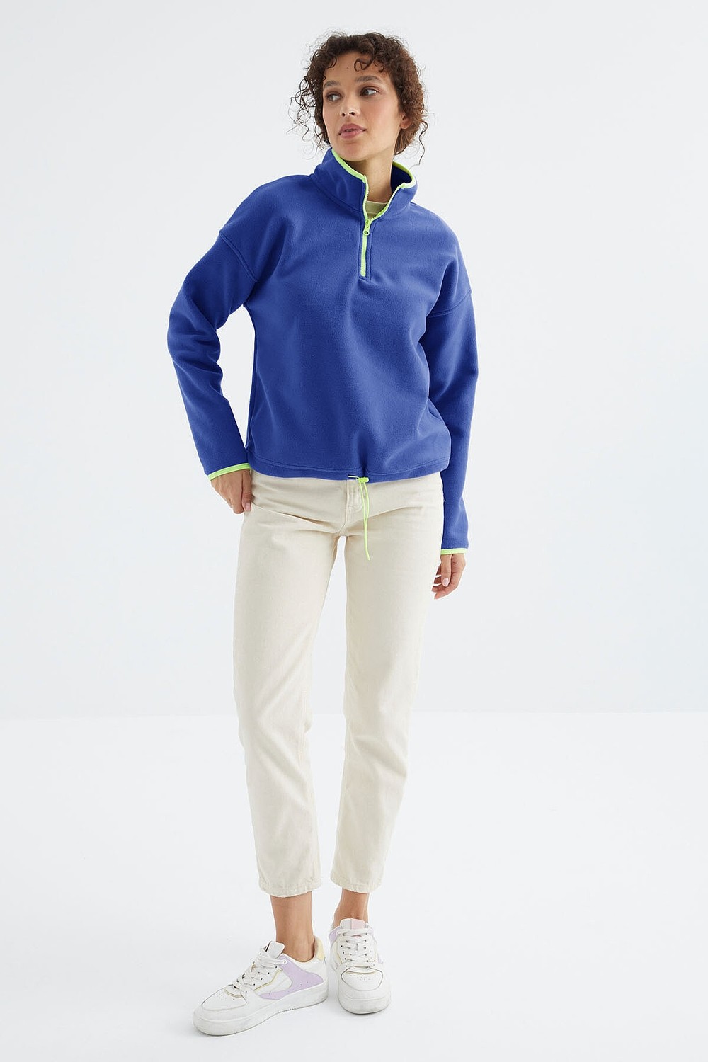 Tommy Life Saks Yarım Fermuar Etek Ucu Büzgülü Dik Yaka Standart Kalıp Kadın Polar Sweatshirt - 97234 görsel 7
