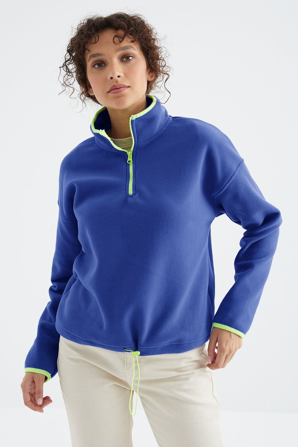 Tommy Life Saks Yarım Fermuar Etek Ucu Büzgülü Dik Yaka Standart Kalıp Kadın Polar Sweatshirt - 97234 görsel 8