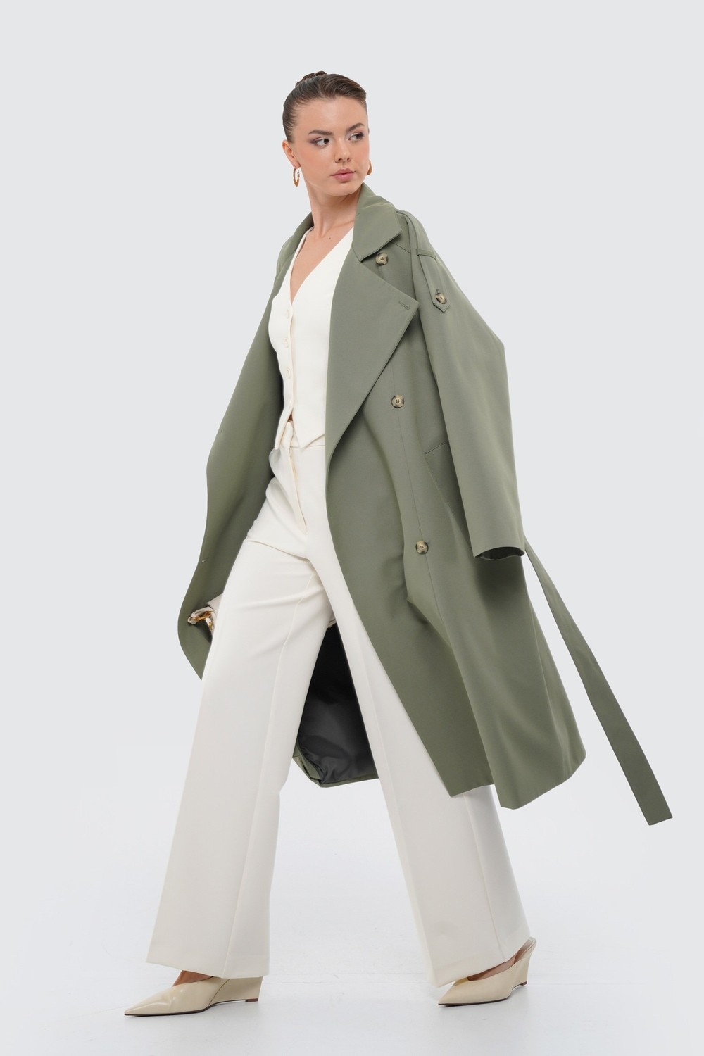 Thalure Kadın Açık Haki Dik Yaka Oversize Trençkot