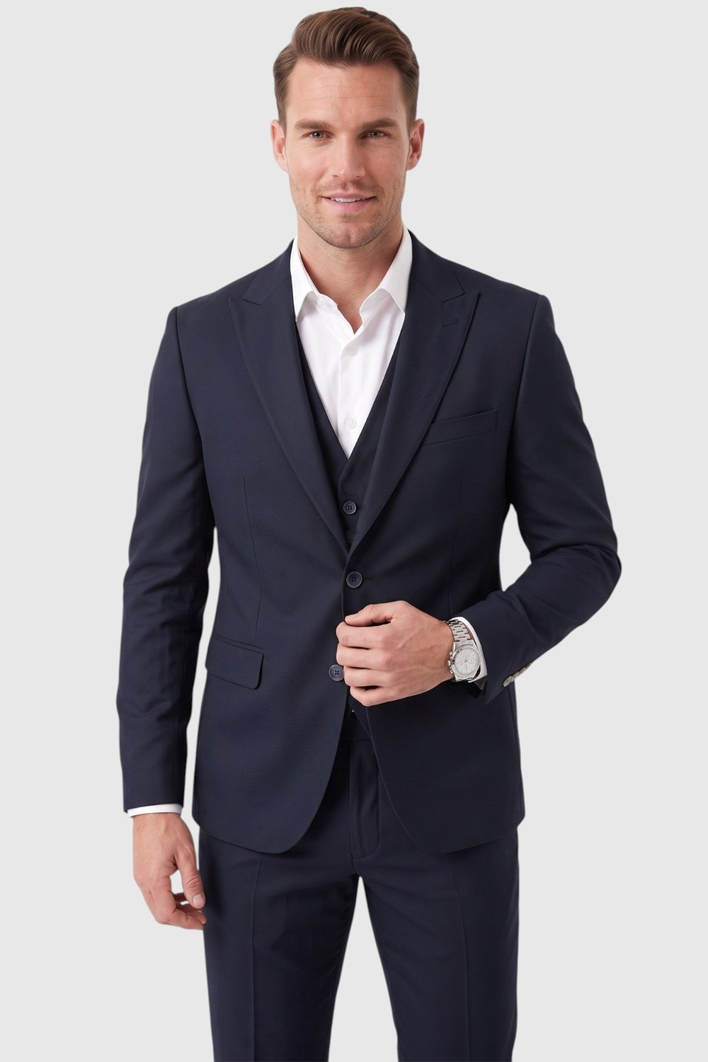 Deepsea Erkek Slim Fit Dar Kesim 3'lü Koyu Lacivert Takım Elbise Yelekli Çift Düğme Çift Yırtmaç Takım 2600509 görsel 3