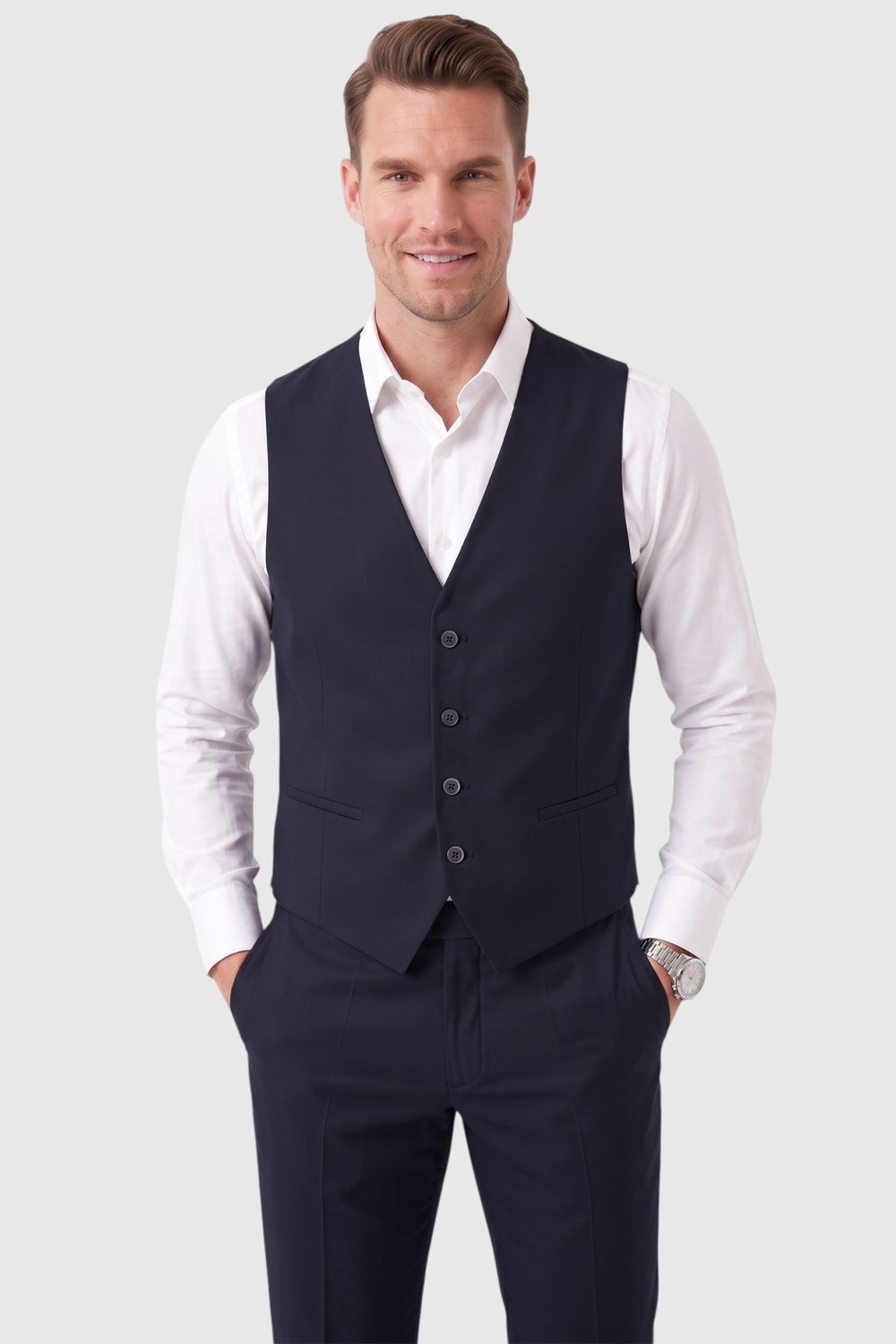 Deepsea Erkek Slim Fit Dar Kesim 3'lü Koyu Lacivert Takım Elbise Yelekli Çift Düğme Çift Yırtmaç Takım 2600509 görsel 4