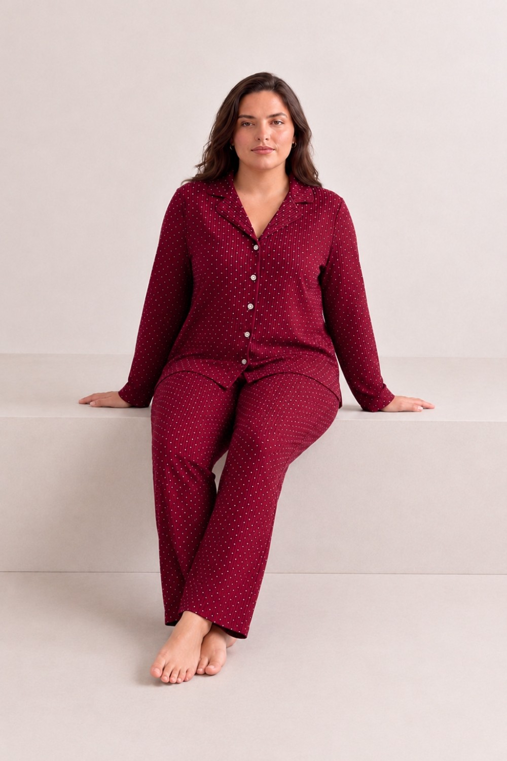 Fit Women Kadın Puantiyeli Düğmeli Siyah Pijama Takımı 852 görsel 2