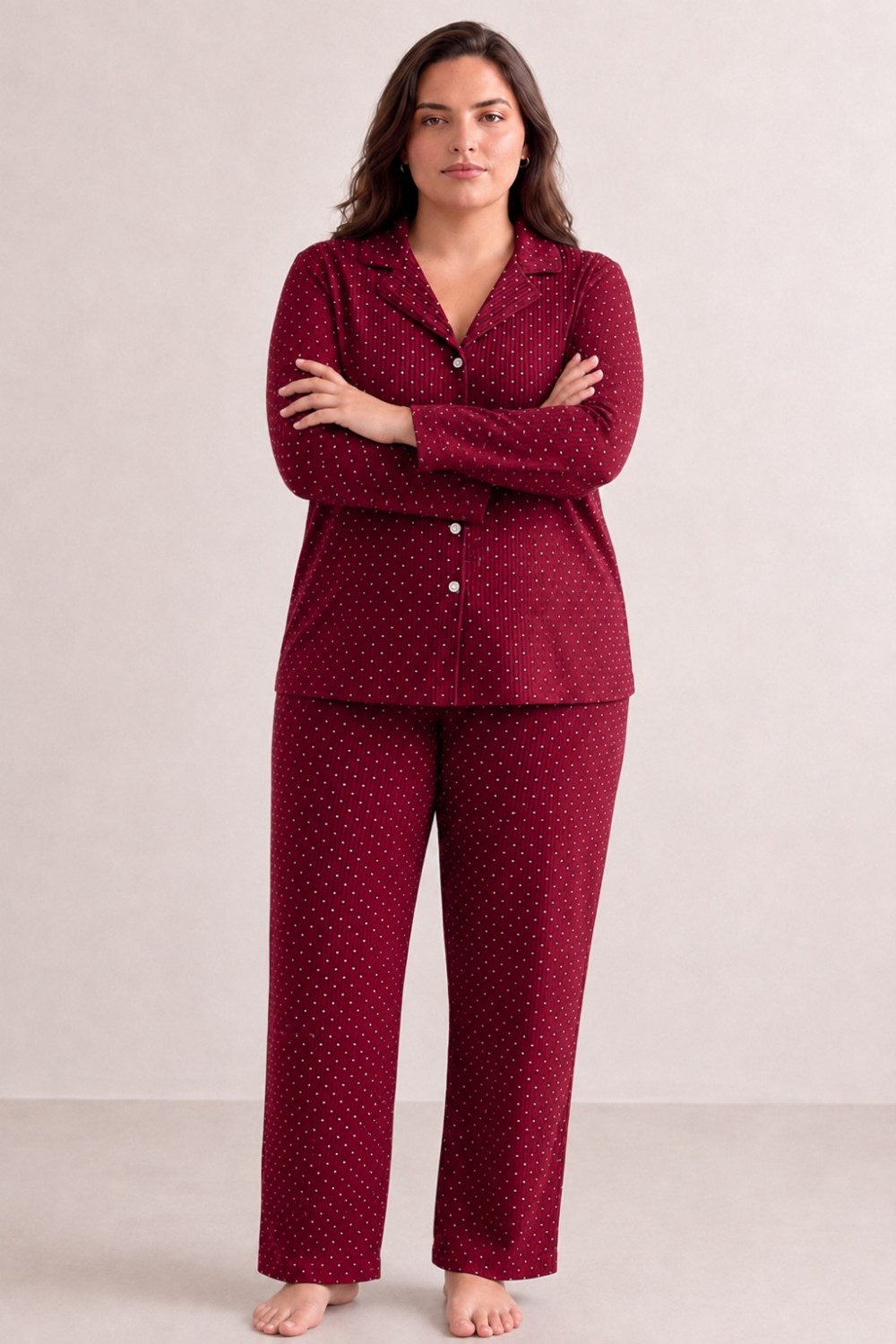 Fit Women Kadın Puantiyeli Düğmeli Siyah Pijama Takımı 852 görsel 3