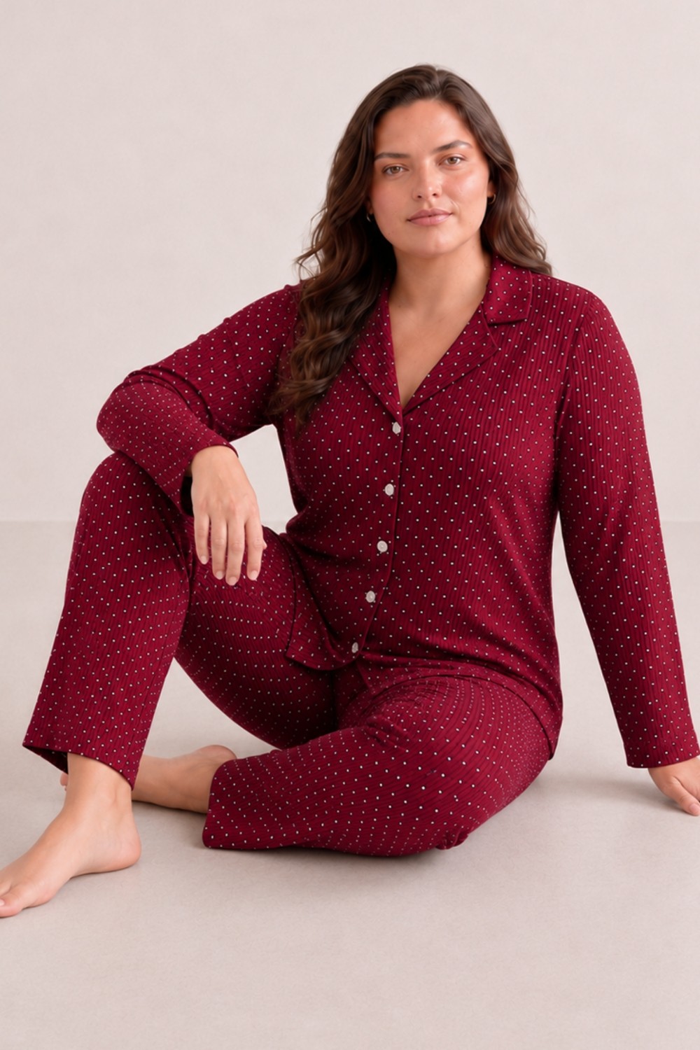 Fit Women Kadın Puantiyeli Düğmeli Siyah Pijama Takımı 852 görsel 4