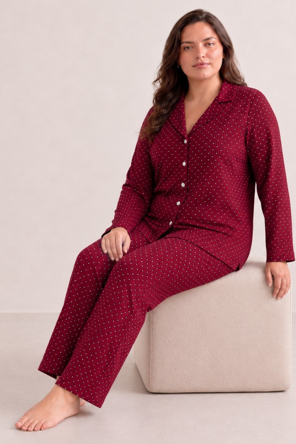 Fit Women Kadın Puantiyeli Düğmeli Siyah Pijama Takımı 852 görsel 5
