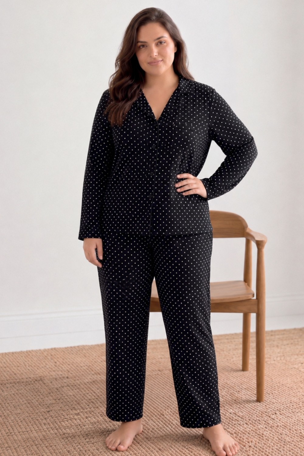 Fit Women Kadın Puantiyeli Düğmeli Siyah Pijama Takımı 852