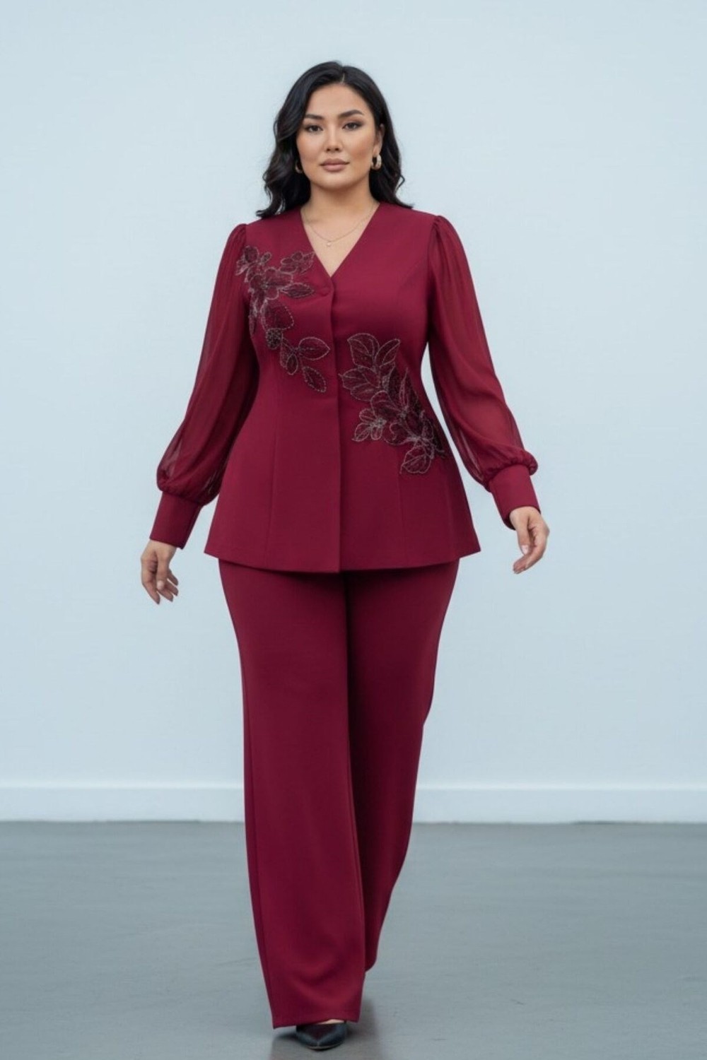 Kadın Büyük Beden Abiye Takım Taş Işlemeli Krep Ceket Pantolon Takım 36-48 46417