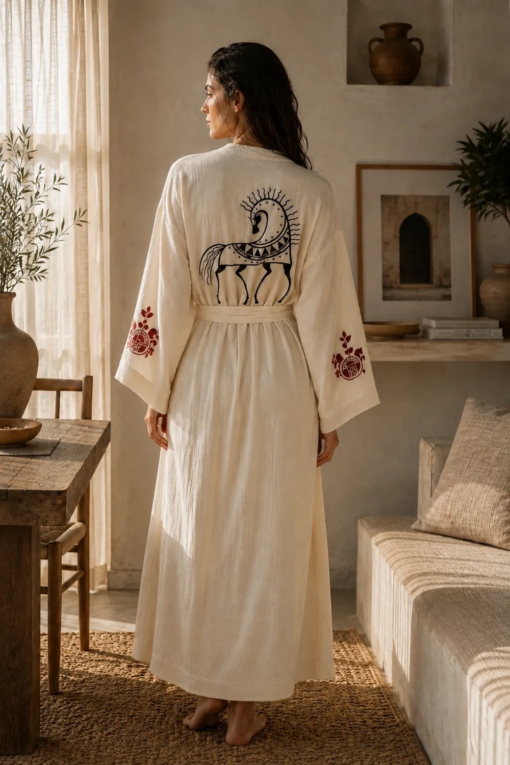 Maison Nakshatra Ashvini Nakışlı %100 Keten Dökümlü Unisex Kimono&sabahlık