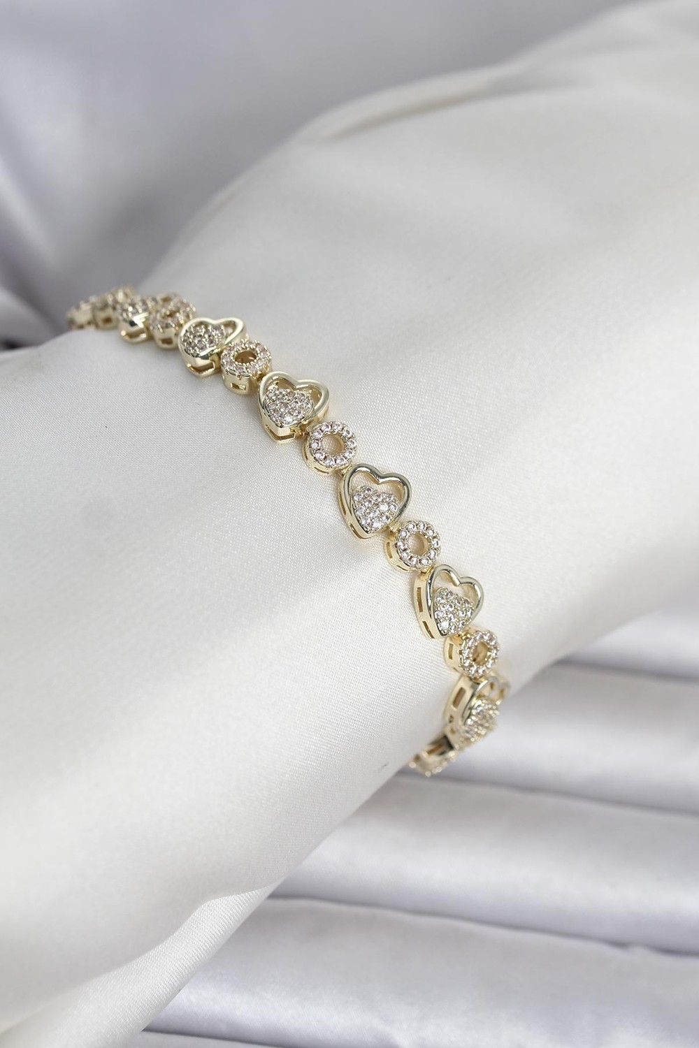 Eldenör Pirinç Gold Renk Zirkon Taşlı Kalp Model Kadın Bileklik 5886