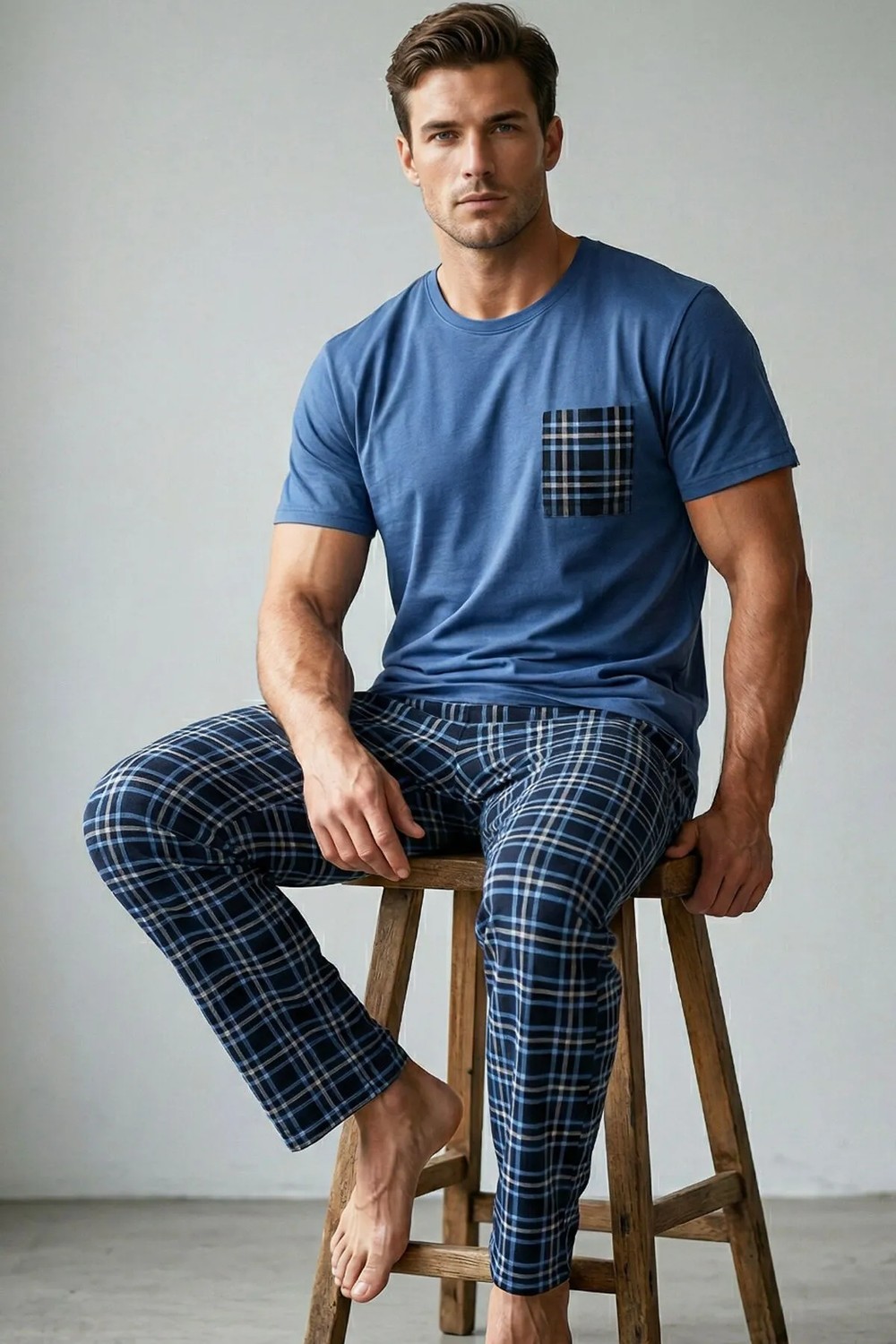 Siyah İnci Ekru Haki Ekose Desenli Cep Nakışlı Örme Kısa Kollu Pijama Takım 8000 görsel 4