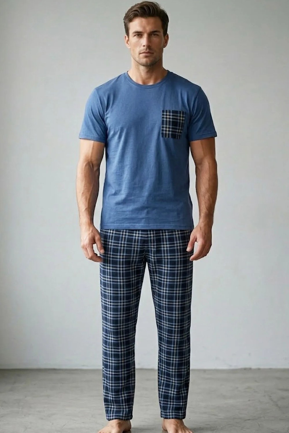 Siyah İnci Ekru Haki Ekose Desenli Cep Nakışlı Örme Kısa Kollu Pijama Takım 8000 görsel 5