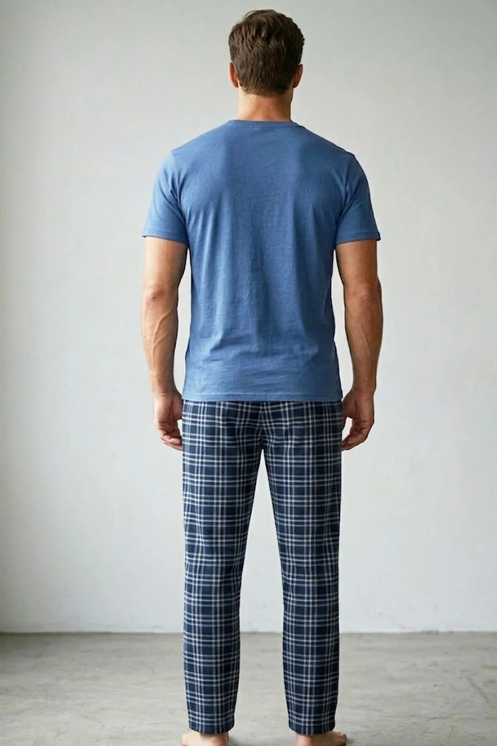 Siyah İnci Ekru Haki Ekose Desenli Cep Nakışlı Örme Kısa Kollu Pijama Takım 8000 görsel 6