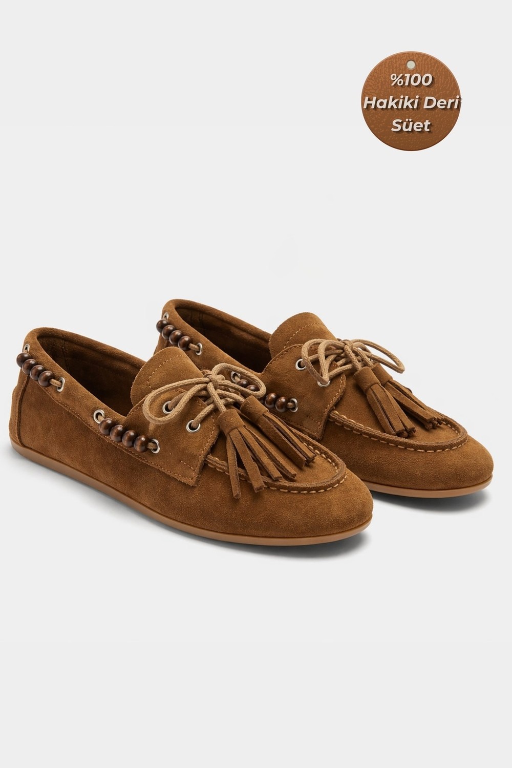 İx Odessa Loafer Kadın Taba Hakiki Süet Deri Boncuk ve Püskül Detaylı Kaymaz Termotaban Loafer Ayakkabı görsel 7