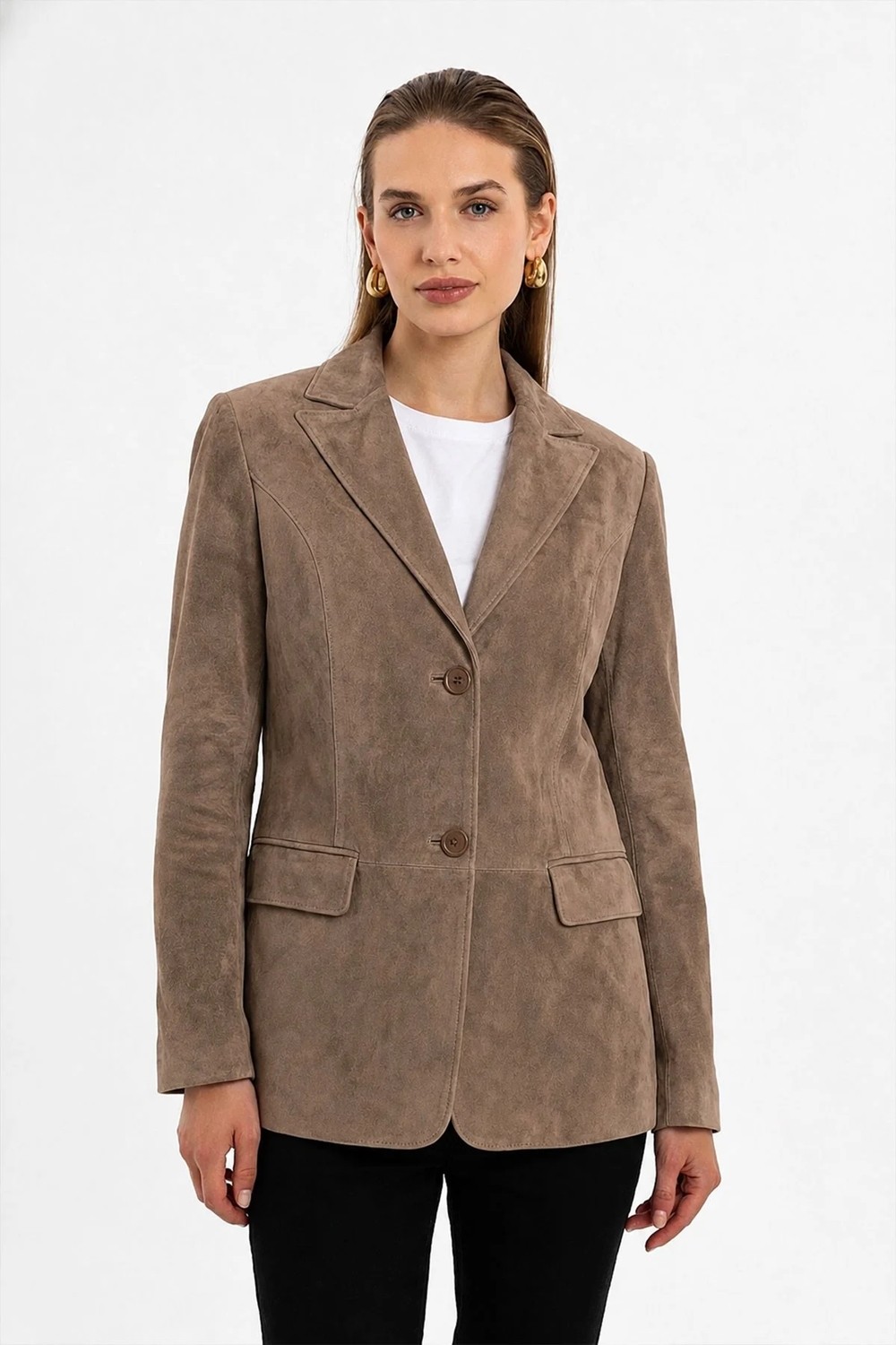 Deriderim Louisa Camel Blazer Kadın Hakiki Süet Ceket