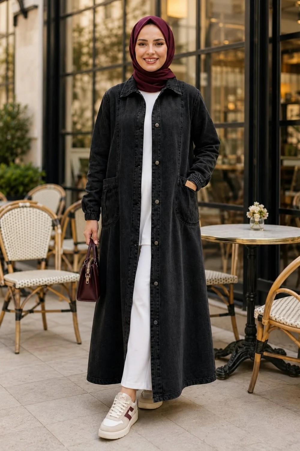 Harma Time Butik Kadın Düğmeli Cepli Denim Siyah Kot Kap görsel 2