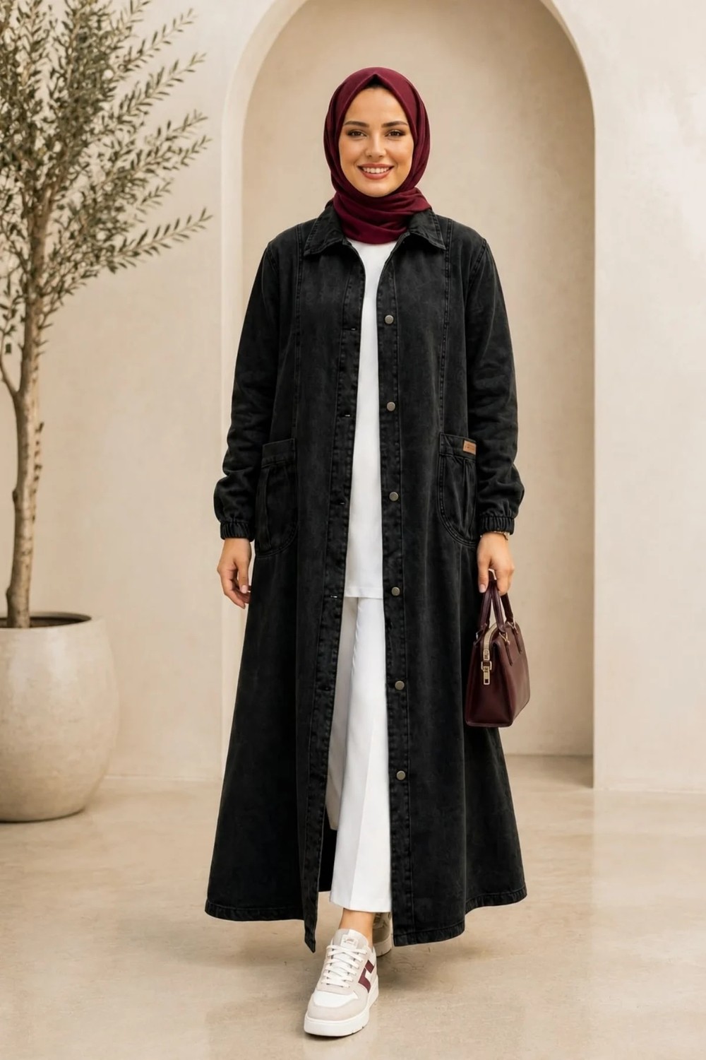 Harma Time Butik Kadın Düğmeli Cepli Denim Siyah Kot Kap görsel 4