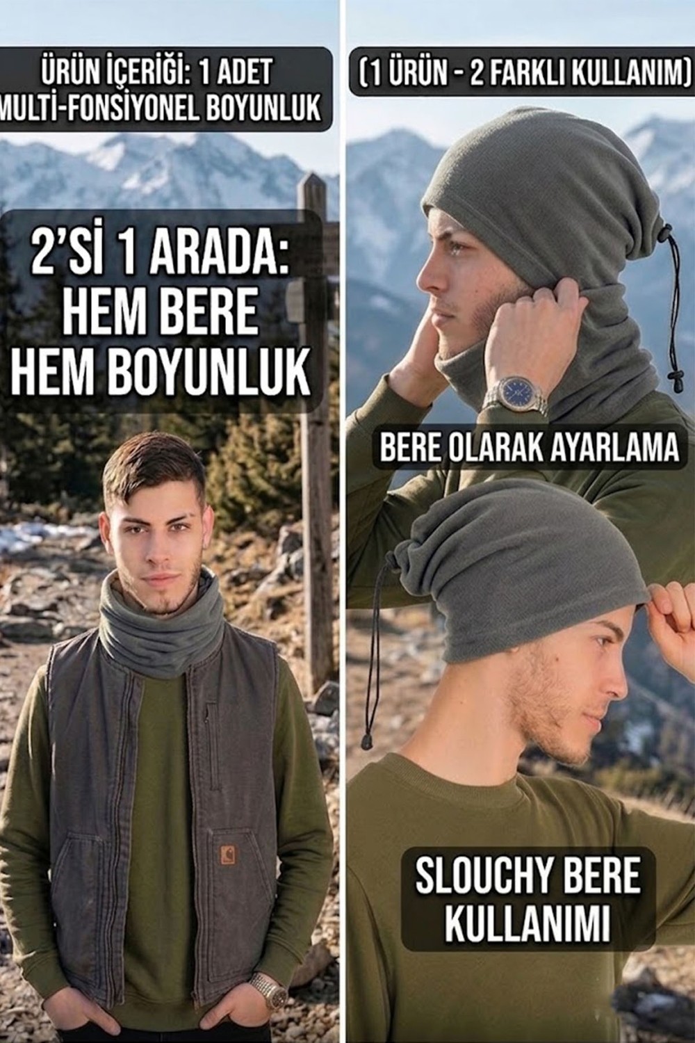 Ritagarcia Erkek Polar Boyunluk Bere 2'si 1 Arada Ipli Ayarlanabilir Çok Amaçlı Kışlık Boyunluk Bere