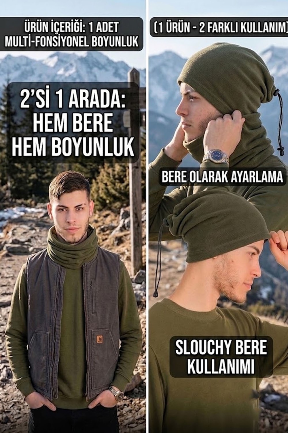 Ritagarcia Erkek Polar Boyunluk Bere 2'si 1 Arada Ipli Ayarlanabilir Çok Amaçlı Kışlık Boyunluk Bere