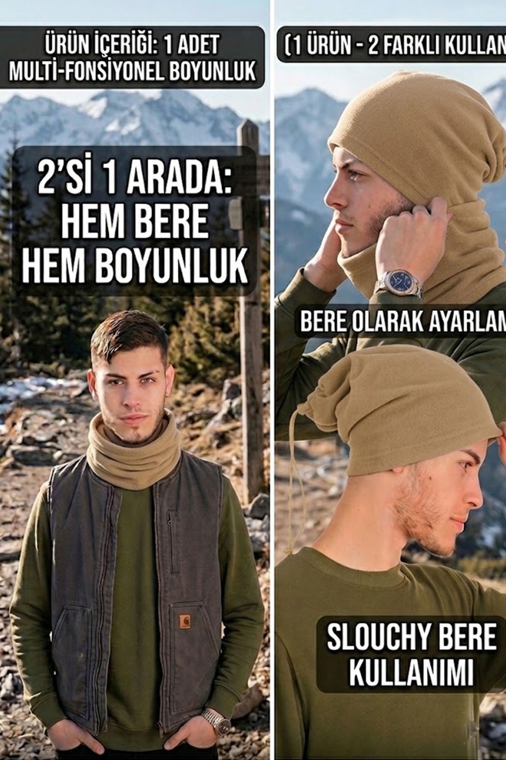Ritagarcia Erkek Polar Boyunluk Bere 2'si 1 Arada Ipli Ayarlanabilir Çok Amaçlı Kışlık Boyunluk Bere
