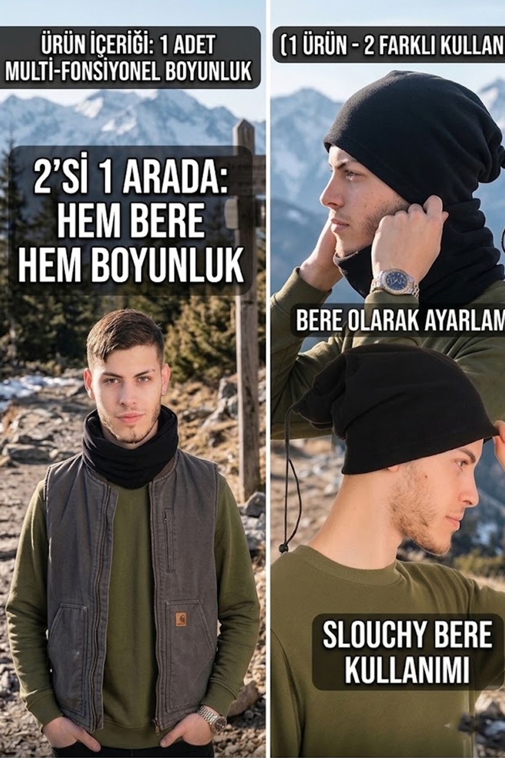 Ritagarcia Erkek Polar Boyunluk Bere 2'si 1 Arada Ipli Ayarlanabilir Çok Amaçlı Kışlık Boyunluk Bere