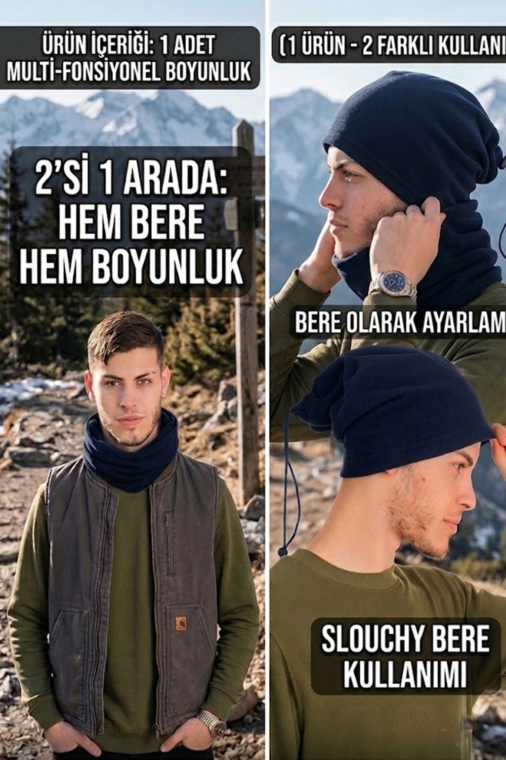 Ritagarcia Erkek Polar Boyunluk Bere 2'si 1 Arada Ipli Ayarlanabilir Çok Amaçlı Kışlık Boyunluk Bere
