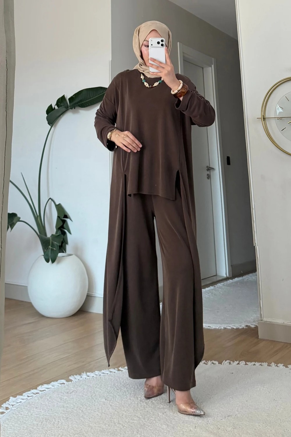Tesettür Diyarı Peny Pike Orijinal Modal Kumaş Parçalı Tunik-Pantolon Tesettür Takım- Lacivert