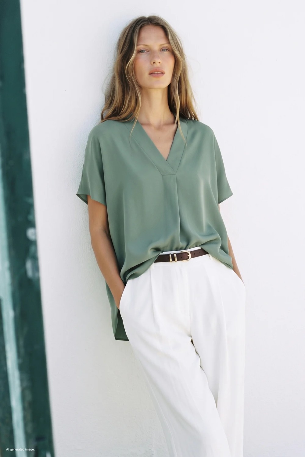 Sateen Geniş Kısa Kollu Bluz - Pudra