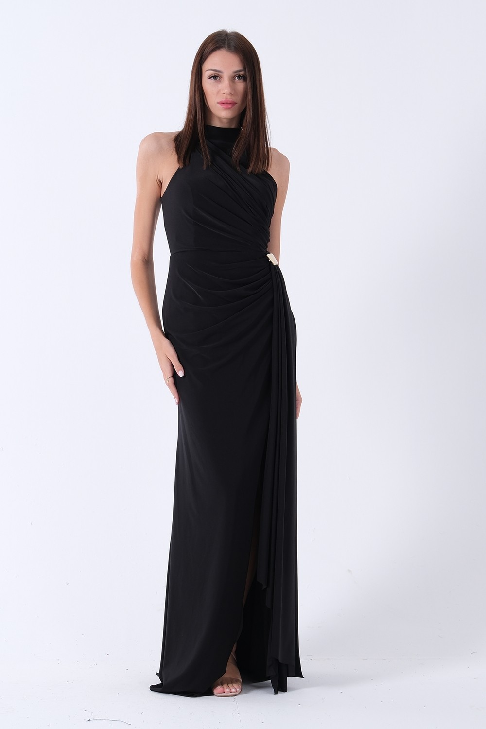 Feminist Lacivert Halter Yaka Drapeli Beli Gold Toka Detaylı Straplez Abiye 9705862