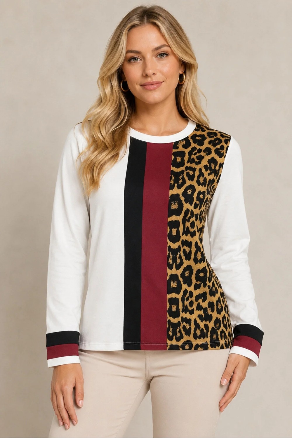 AQE FASHION Kadın Yuvarlak Yaka Uzun Kollu Leopar Desenli Blok Tasarımlı Şık Günlük Beyaz Kazak