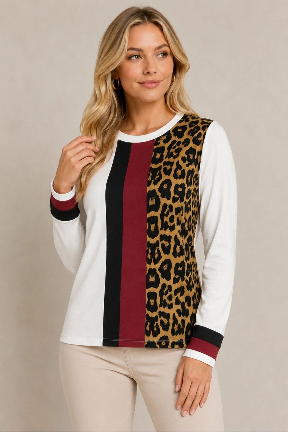 AQE FASHION Kadın Yuvarlak Yaka Uzun Kollu Leopar Desenli Blok Tasarımlı Şık Günlük Beyaz Kazak görsel 6