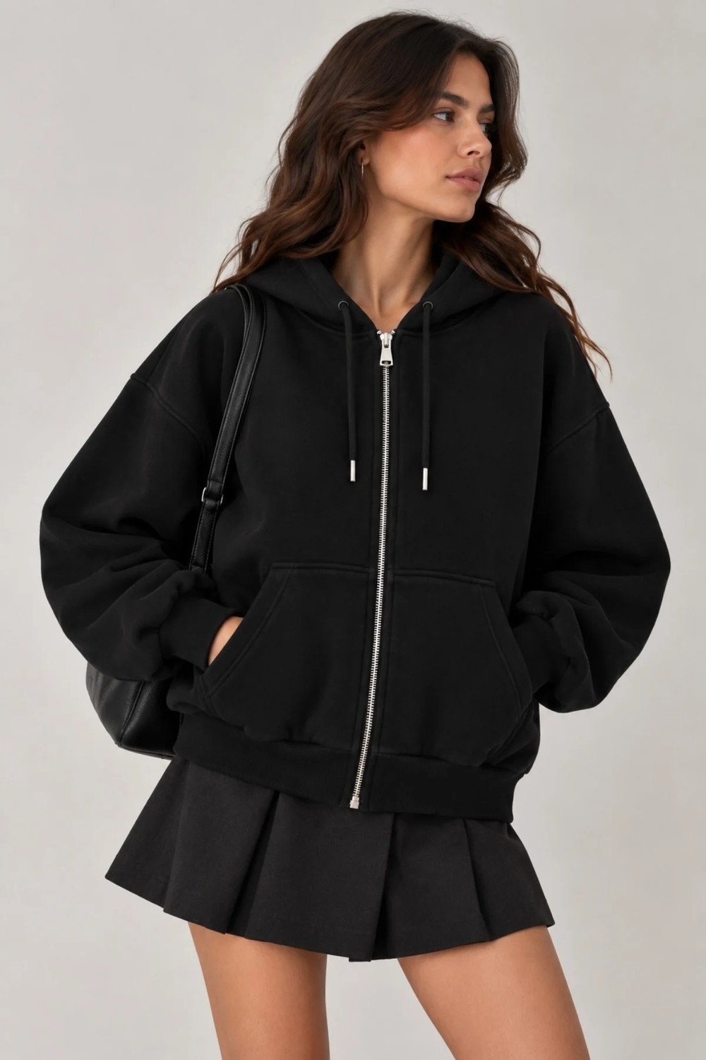 Vadon 1048 Kadın Fermuarlı Kapüşonlu Kanguru Cepli 3 Iplik Pamuklu Sweatshirt Siyah