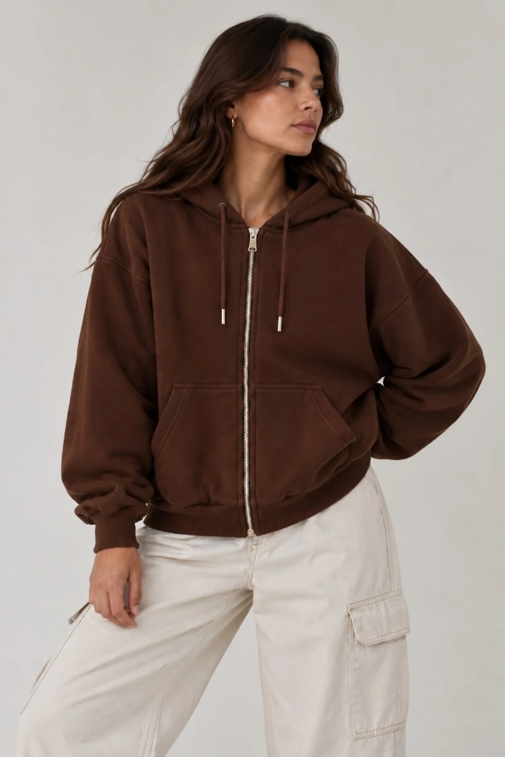 Vadon 1048 Kadın Fermuarlı Kapüşonlu Kanguru Cepli 3 Iplik Pamuklu Sweatshirt Siyah