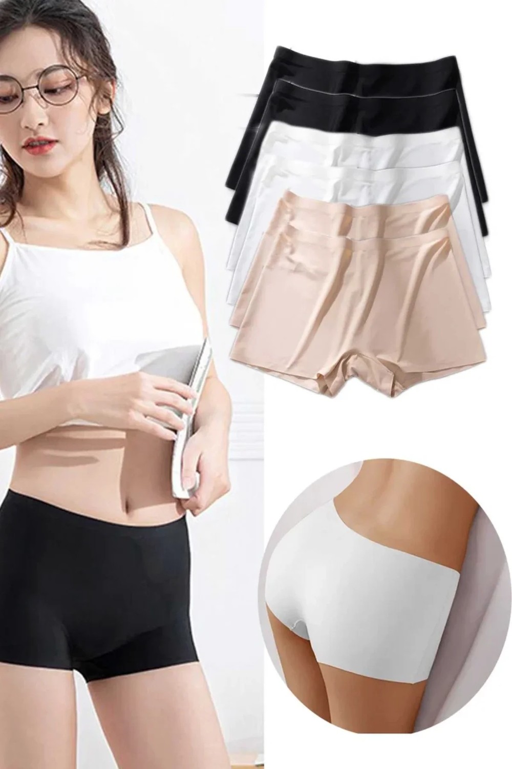 6 Adet Kadın Dikişsiz Görünmez Iz Yapmaz Mini Şort Boxer Siyah Beyaz Ten
