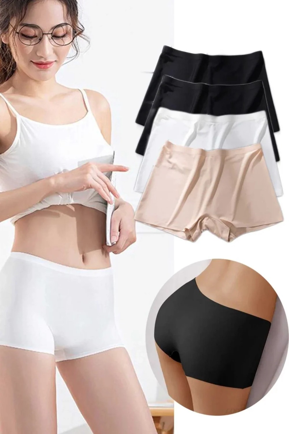 4 Adet Kadın Dikişsiz Görünmez Iz Yapmaz Mini Şort Boxer Siyah Beyaz Ten