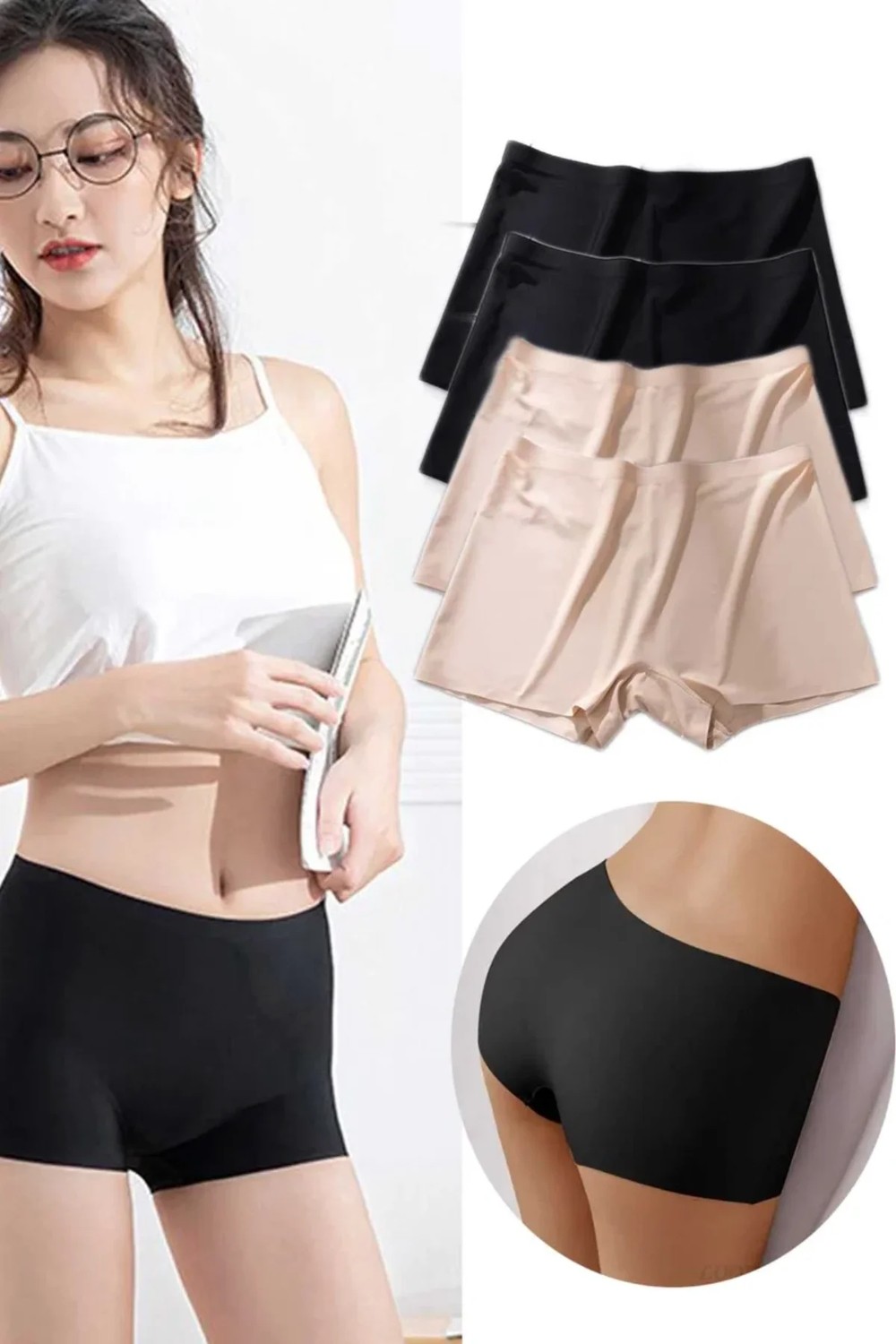 4 Adet Kadın Dikişsiz Görünmez Iz Yapmaz Mini Şort Boxer Siyah Ten