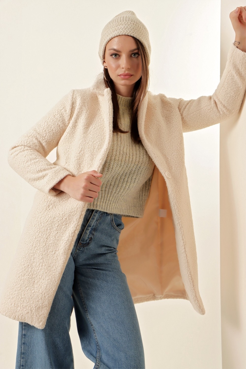 Bigdart 9082 Oversize Kaşe Kaban - M. Krem