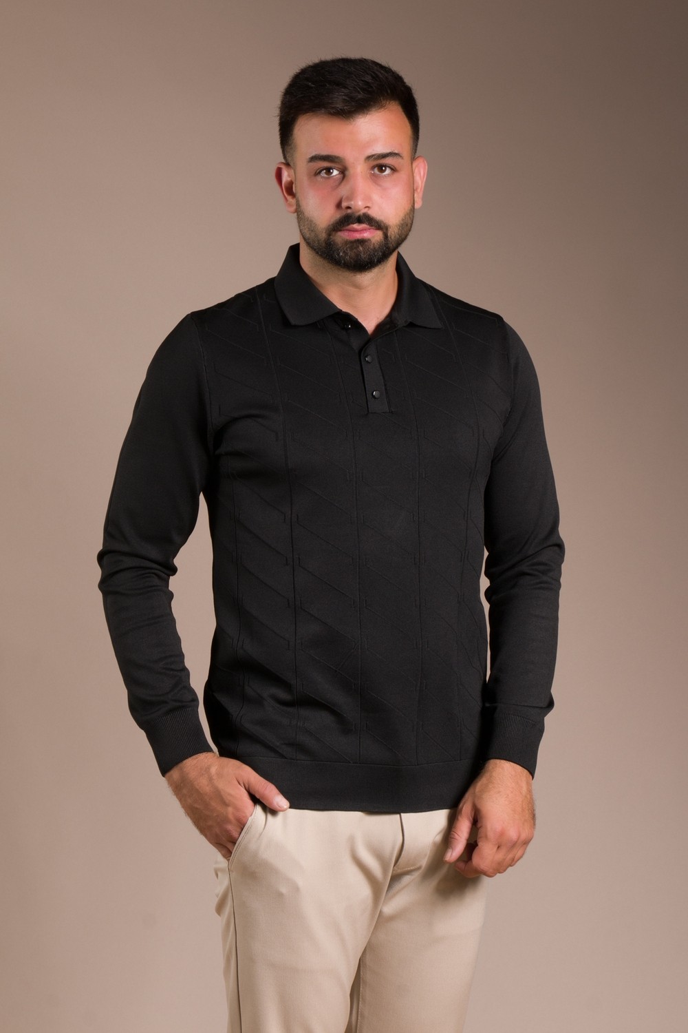 Zeki Özer Erkek Bej Desenli Polo Yaka Triko
