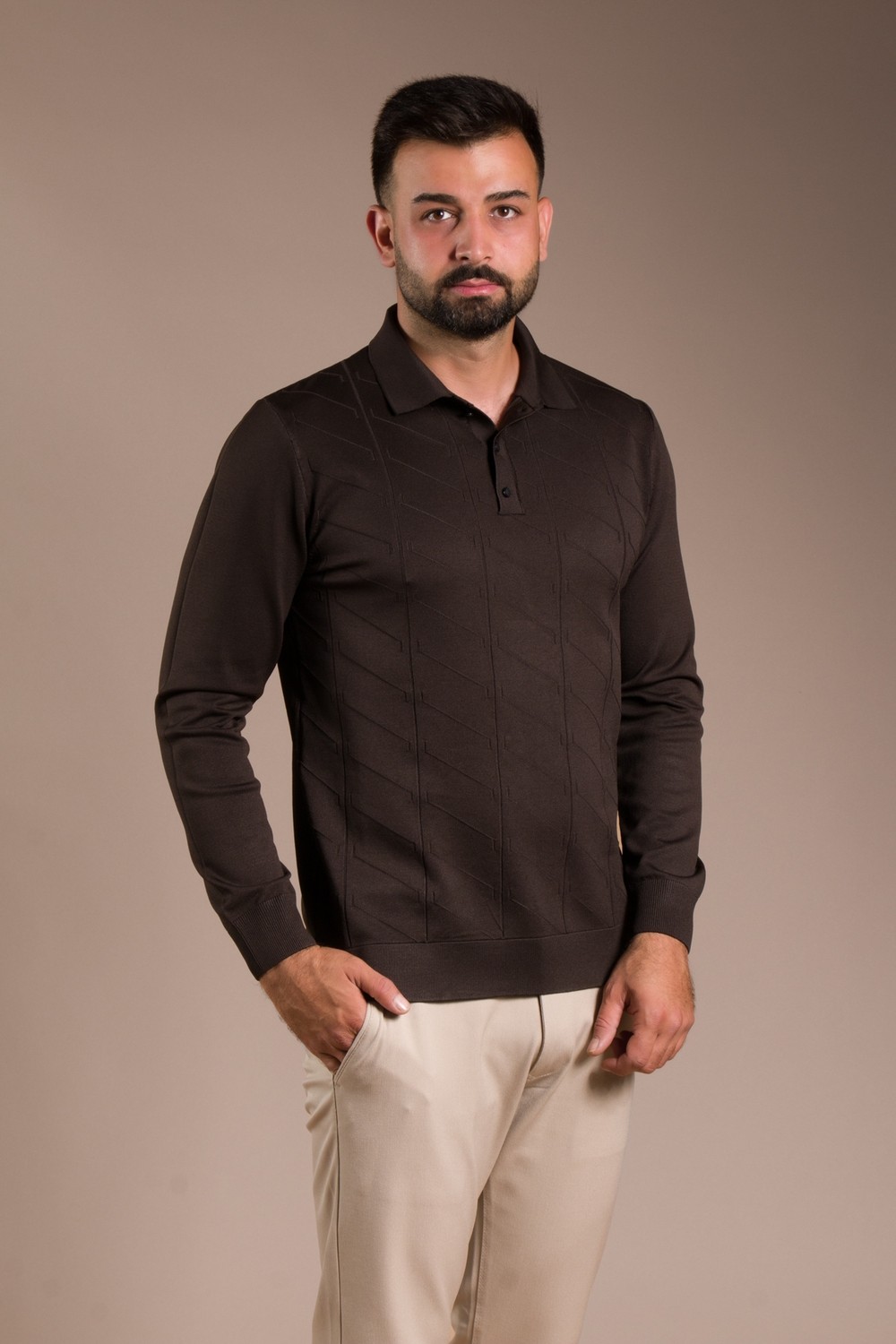 Zeki Özer Erkek Bej Desenli Polo Yaka Triko