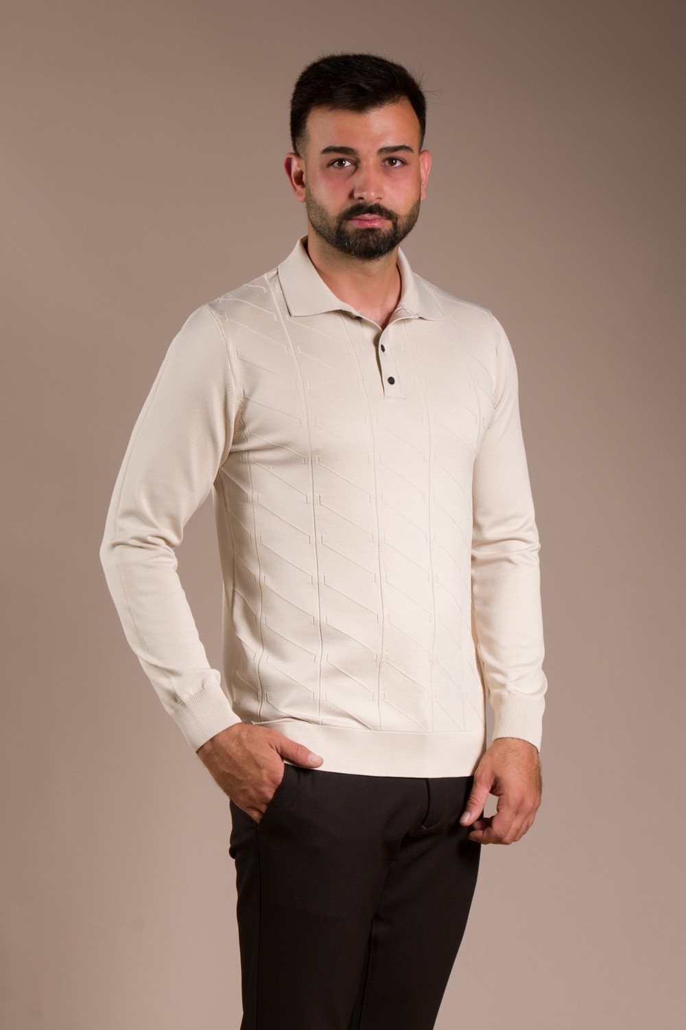 Zeki Özer Erkek Bej Desenli Polo Yaka Triko