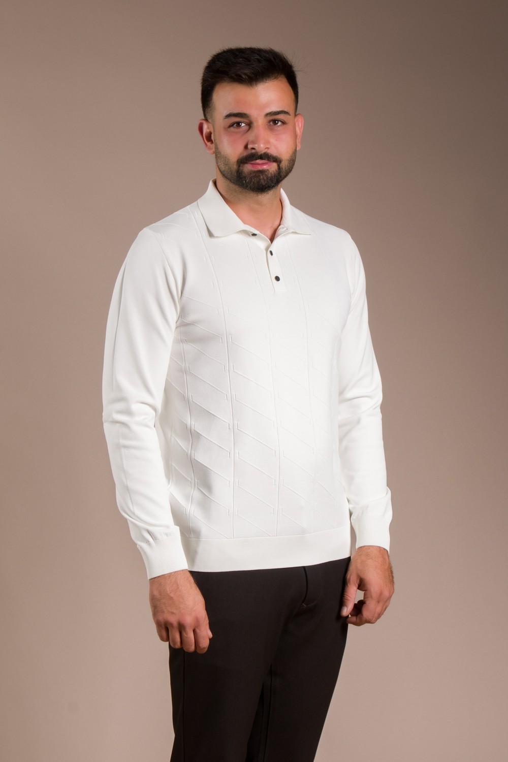 Zeki Özer Erkek Bej Desenli Polo Yaka Triko