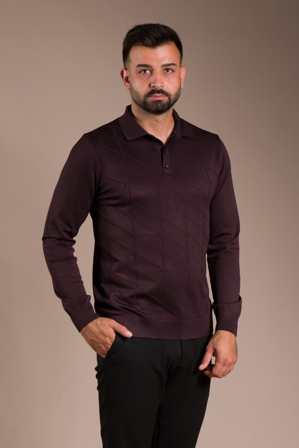 Zeki Özer Erkek Bej Desenli Polo Yaka Triko
