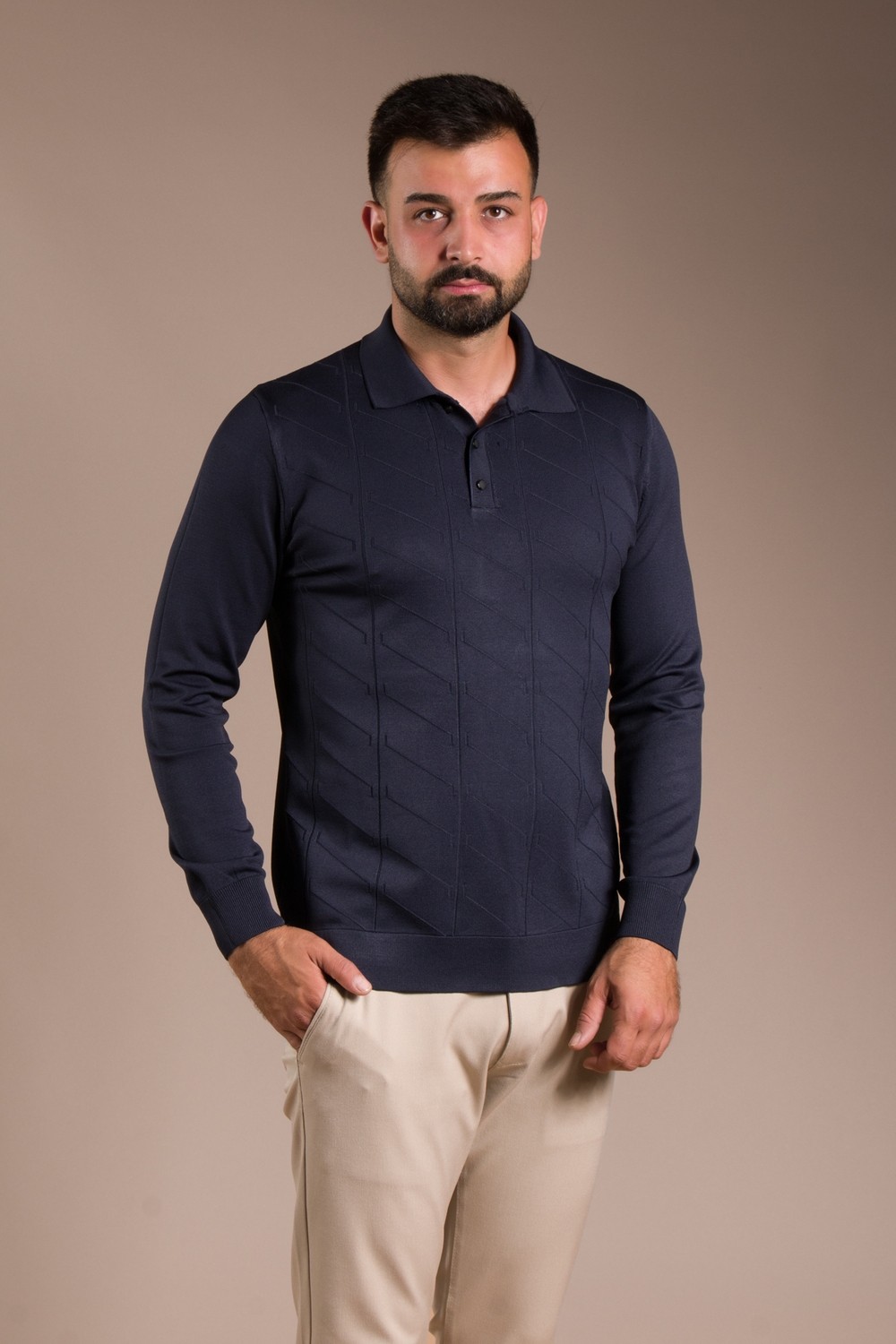 Zeki Özer Erkek Bej Desenli Polo Yaka Triko