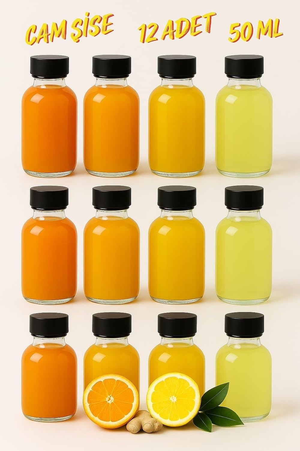 OEM 12 Adet Siyah Plastik Sızdırmaz Kapaklı Cam 50 ml Mini Shot Ginger Detox Şişe Kolonya Koku Süs Şişe görsel 3