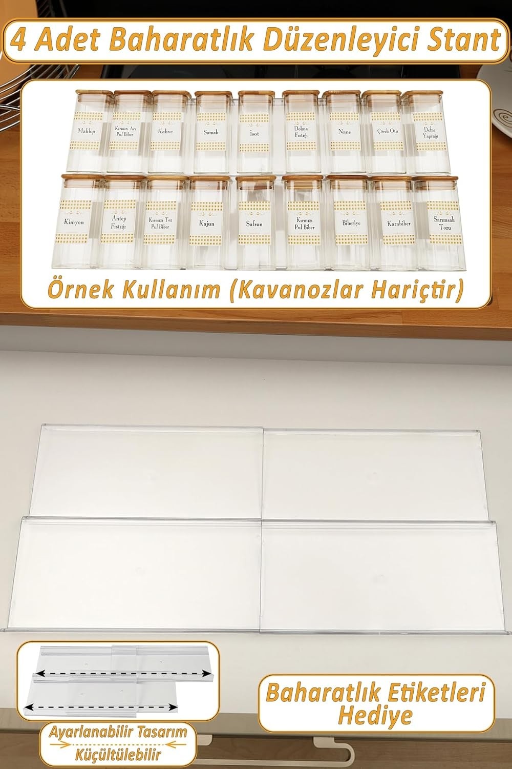 OEM 4 Adet Çekmece Içi Baharatlık Düzenleyici Stant 30,5 cm x 13CM (Kavanozlar Hariçtir) Z305 Şeffaf görsel 2