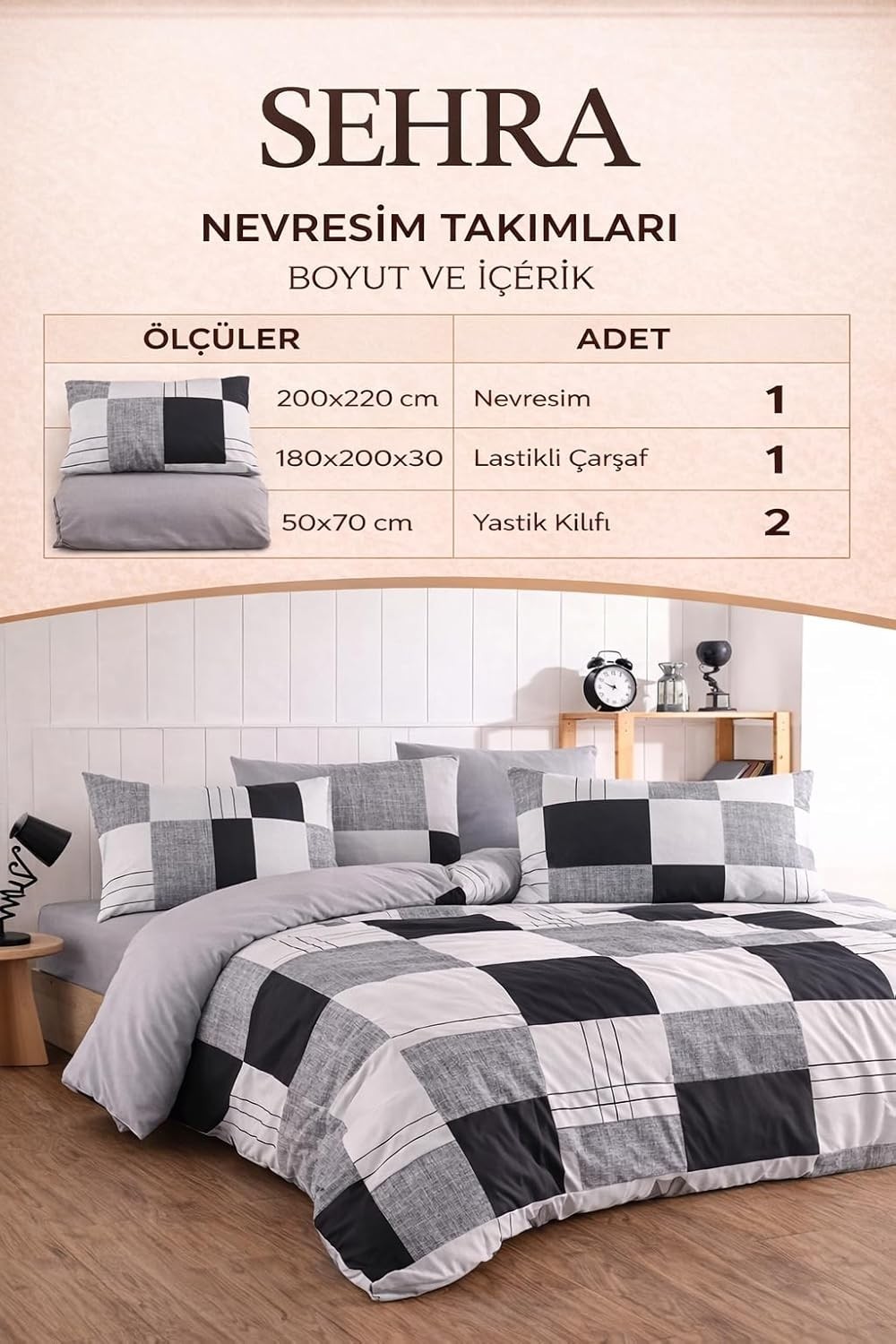 Özkaya Store Lüks%80 Pamuklu Çift Kişilik Nevresim Takımı Seti Yorgan Kılıfı Siyah Gri Beyaz Kareli Desen 200X220 cm + Lastikli Battal Boy Çarşaf 180X200X30 cm +2 Yastık Kılıflı 50X70 cm görsel 2