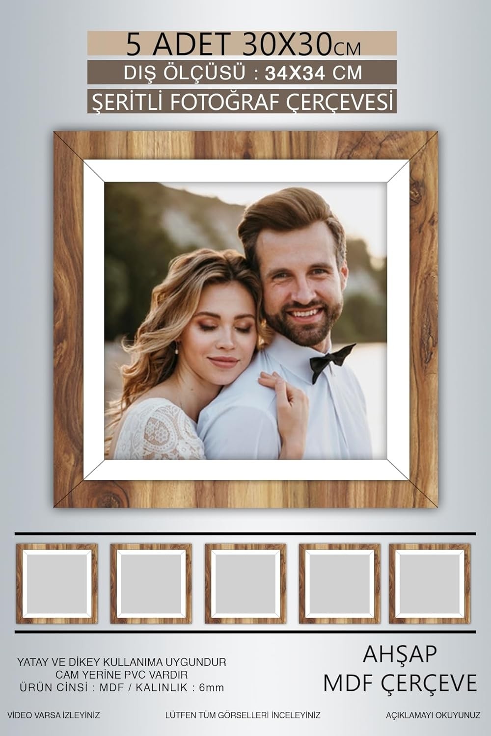 OEM Yhfoto 5 Adet 30X30 Çerçeve Ahşap Beyaz Şeritli Fotoğraf Mdf Çerçeve Kare Çerçeve Kahverengi 30 x 30