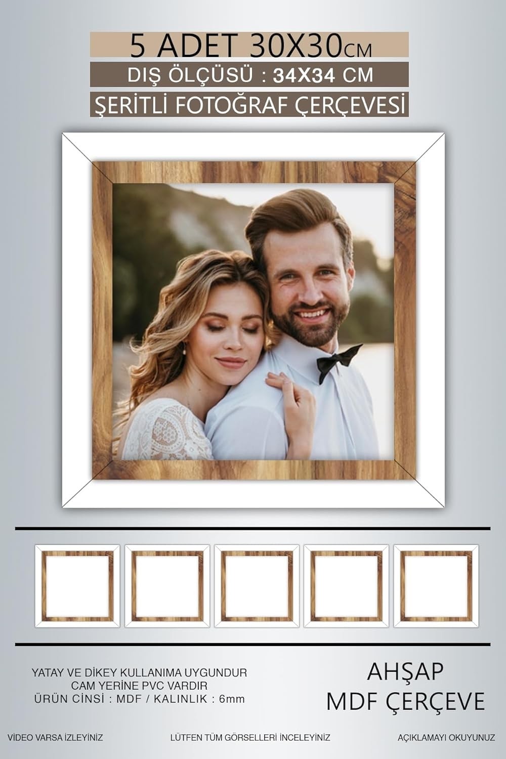 OEM Yhfoto 5 Adet 30X30 Çerçeve Ahşap Beyaz Şeritli Fotoğraf Mdf Çerçeve Kare Çerçeve Kahverengi 30 x 30 görsel 4
