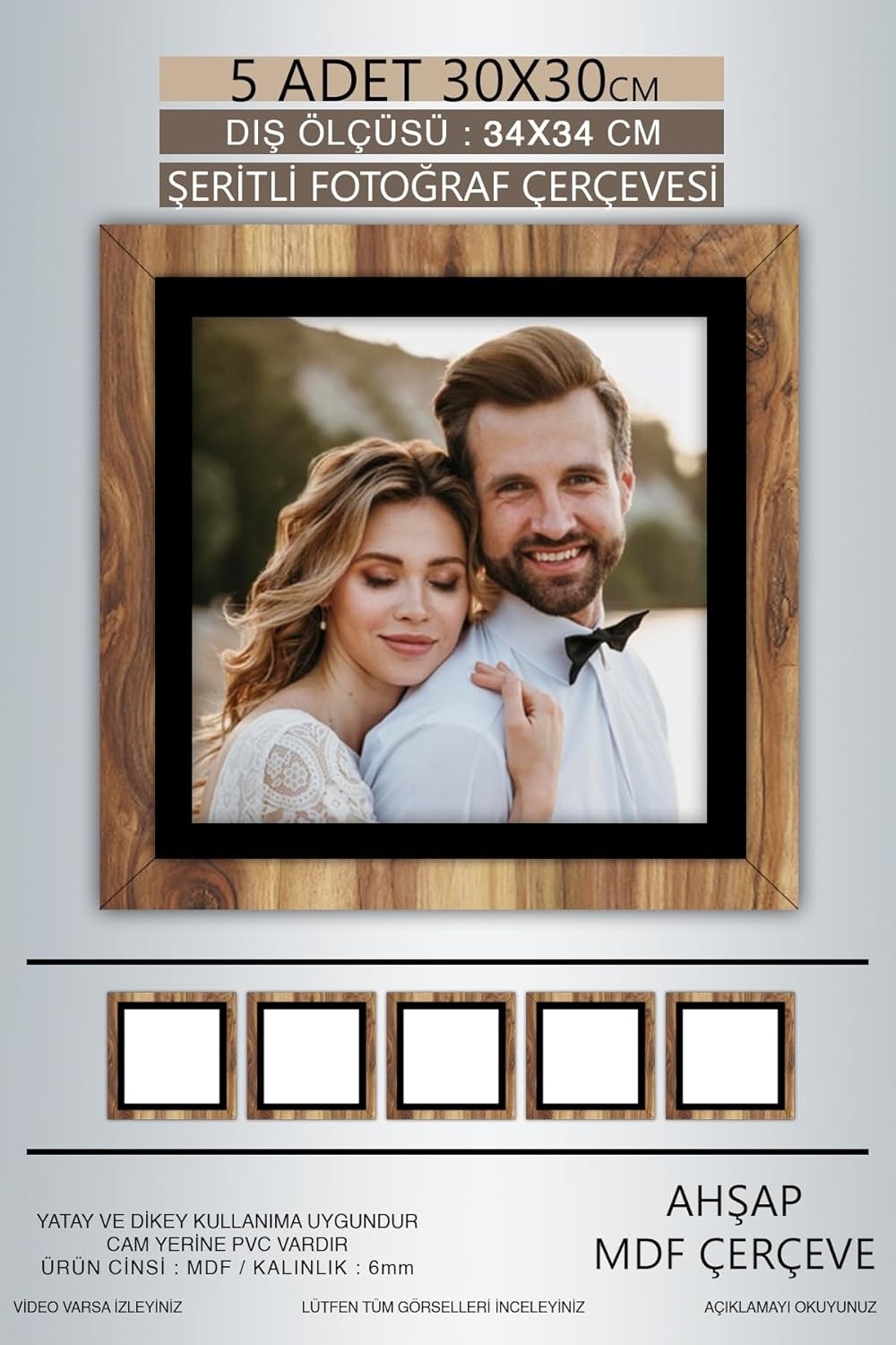 OEM Yhfoto 5 Adet 30X30 Çerçeve Ahşap Beyaz Şeritli Fotoğraf Mdf Çerçeve Kare Çerçeve Kahverengi 30 x 30 görsel 5