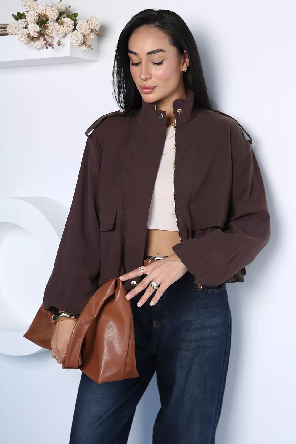 Gülseli Kadın Bel ve Bilek Lastikli Çıtçıtlı Fermuarlı Camelya Bomber Ceket P-00023139