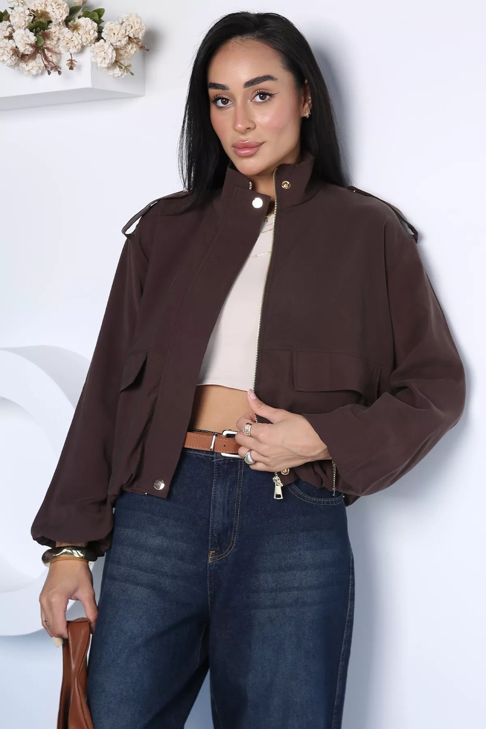 Gülseli Kadın Bel ve Bilek Lastikli Çıtçıtlı Fermuarlı Camelya Bomber Ceket P-00023139 görsel 2